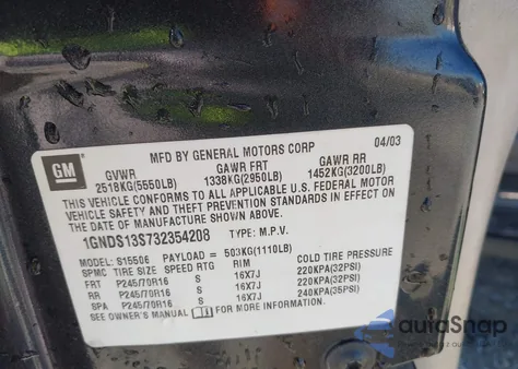 2003 Chevrolet Trailblazer Lt z USA, uszkodzony, nr VIN 1GNDS13S732354208